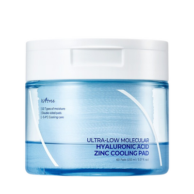 Blå beholder med hvidt låg, Isntree Ultra-Low Molecular Hyaluronic Acid Cooling Pad.