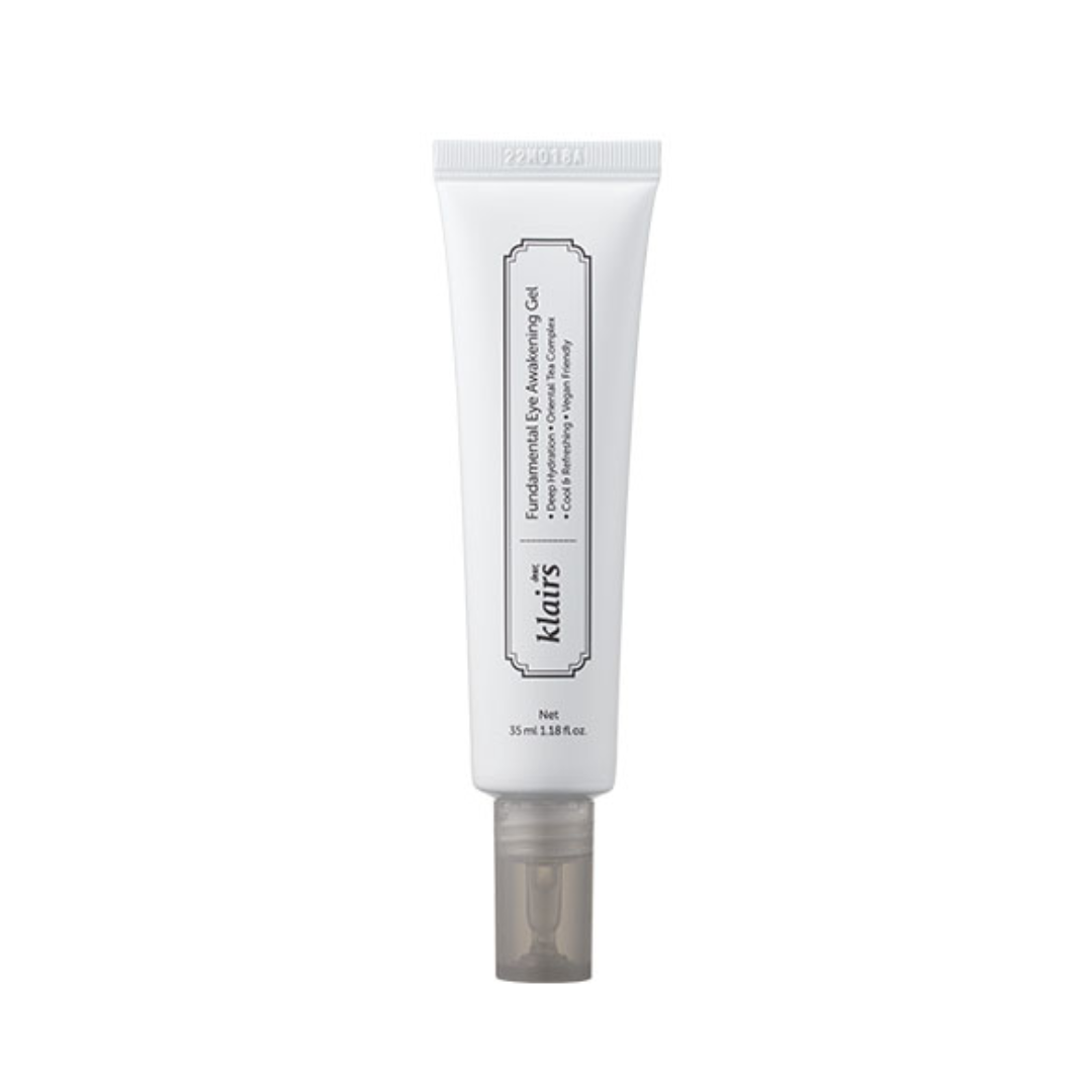 Hvid tube med sort tekst "Klairs Fundamental Eye Awakening Gel" og gennemsigtig hætte.