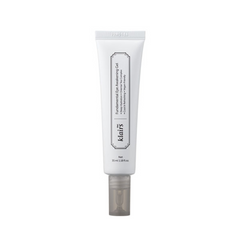Hvid tube med sort tekst "Klairs Fundamental Eye Awakening Gel" og gennemsigtig hætte.