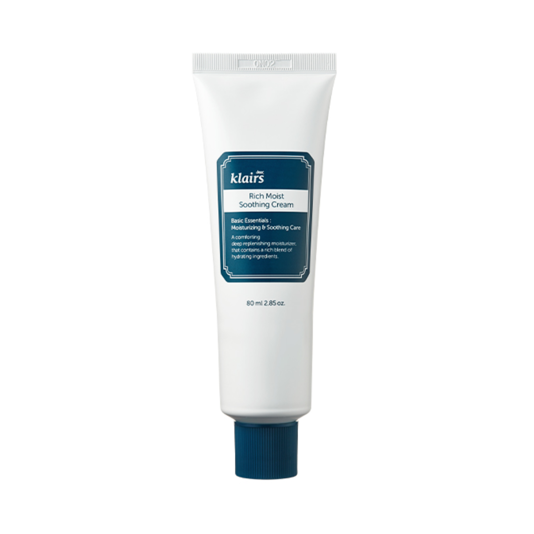 Hvid tube med blåt label, "Klairs - Rich Moist Soothing Cream", blå hætte.