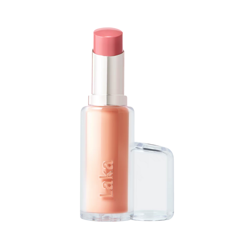 Laka Bonding Glow Lipstick i rosa nuance, gennemsigtig etui, skrå top, mærket synligt.