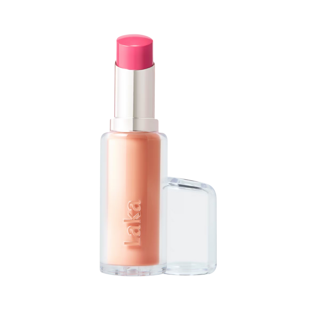 Laka Bonding Glow Lipstick med pink spids, gennemsigtigt låg og ferskenfarvet hylster.