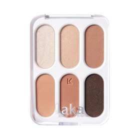 Øjenskyggepalette med seks nuancer fra lys beige til mørk brun.