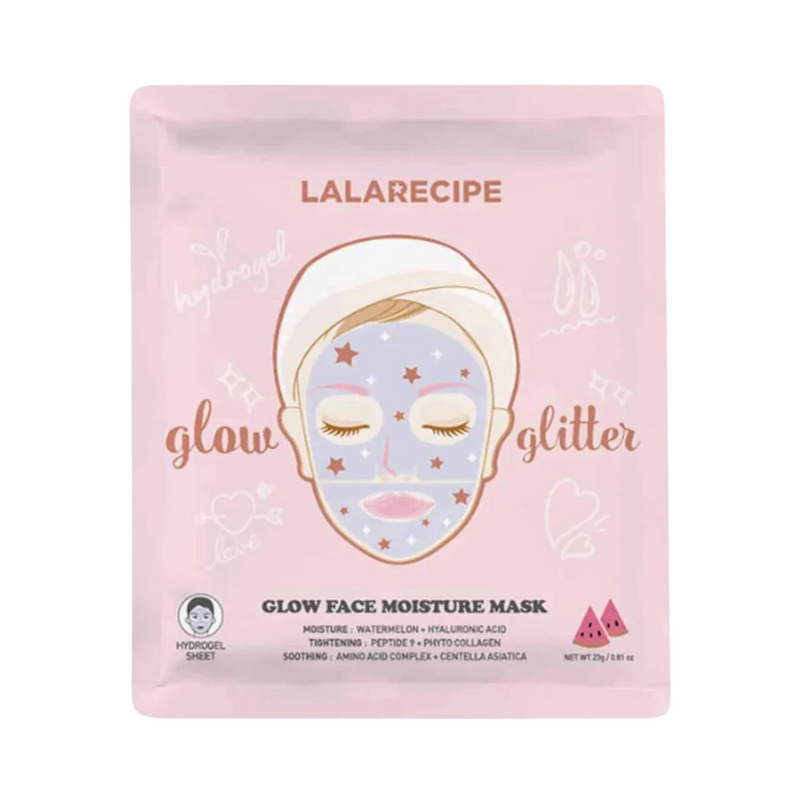 Rosa emballage med ansigt iført stjernemaske. Tekst: "LALA RECIPE," "glow," "glitter," og ingredienser.