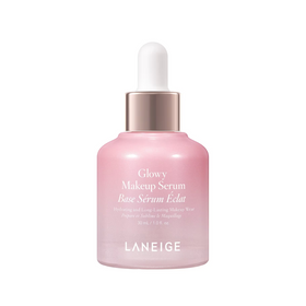 Lyserød flaske med hvid dråbehætte, tekst "Glowy Makeup Serum" og "Laneige".