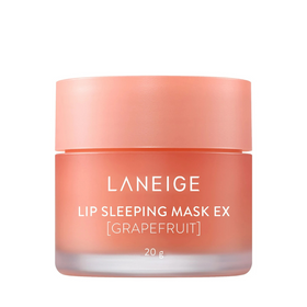 Pink krukke med tekst "LANEIGE Lip Sleeping Mask EX [Grapefruit] 20g" på hvid baggrund.