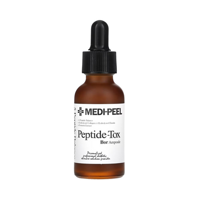 Brun flaske med sort pipettehoved, mærket "MEDI-PEEL Peptide-Tox Bor Ampoule".