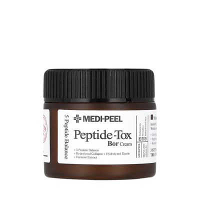 Krukke med sort låg, etikette: "MEDI-PEEL Peptide-Tox Bor Cream", indeholder peptider og kollagen.