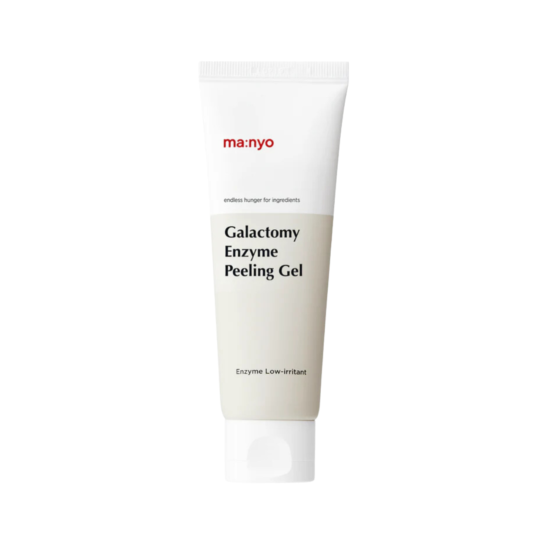 Tube med "Manyo Galactomy Enzyme Peeling Gel", beige med rød logo og sort tekst, hvidt låg.