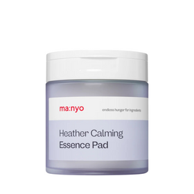 Krukke med Manyo Heather Calming Essence Pad, hvidt låg, enkel design.