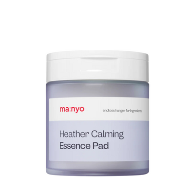 Krukke med Manyo Heather Calming Essence Pad, hvidt låg, enkel design.