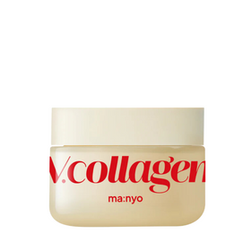 Flot krukke med beige låg, rød tekst "V.collagen" og "ma:nyo" på gennemsigtig beholder.