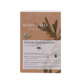 Brun æske med tekst for Mary&May Daily Safe Black Head Clear Nose Mask. Vegansk produkt.