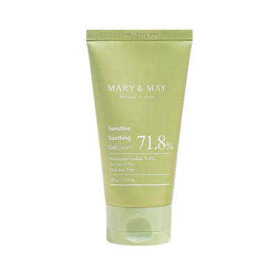 Grøn tube med teksten "Mary&May Sensitive Soothing Gel Cream 71.8%".