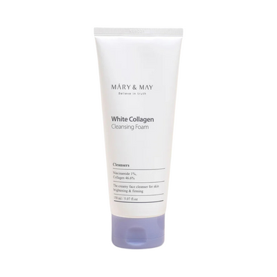 Hvid tube med Mary&May White Collagen Cleansing Foam. Ingredienser: Niacinamid 1%, Kollagen 46,6%.