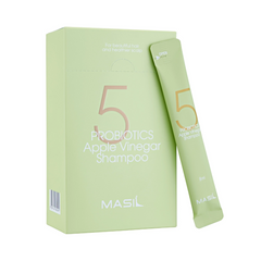 Lys grøn æske og pose med Masil 5 Probiotics Apple Vinegar Shampoo, 8 ml.