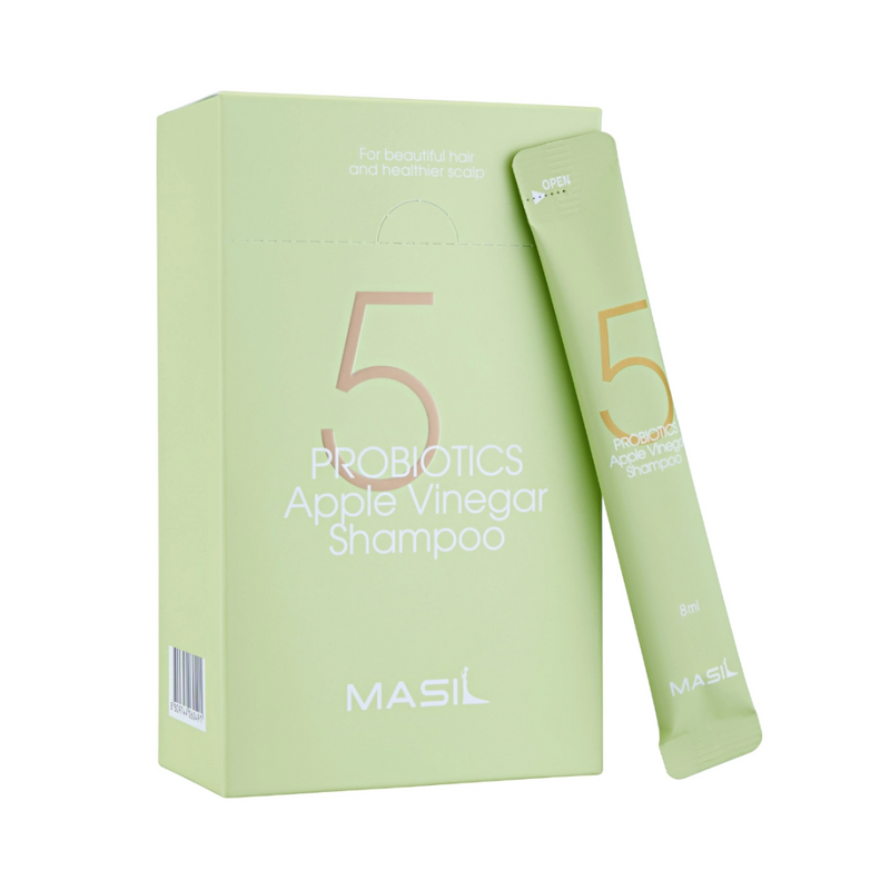Lys grøn æske og pose med Masil 5 Probiotics Apple Vinegar Shampoo, 8 ml.