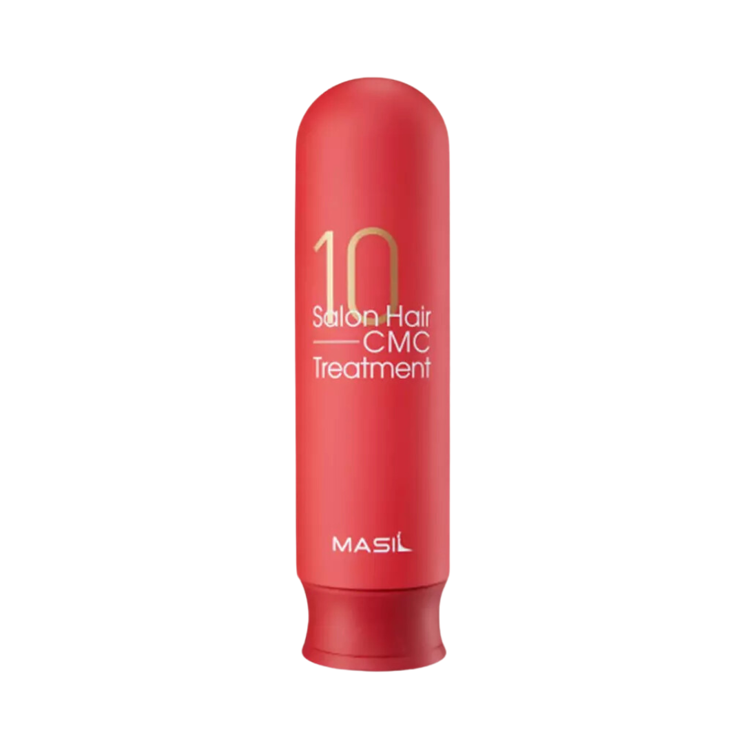 Rød flaske med teksten "10 Salon Hair CMC Treatment" og "MASIL" nederst.