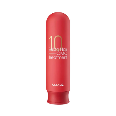 Rød flaske med teksten "10 Salon Hair CMC Treatment" og "MASIL" nederst.
