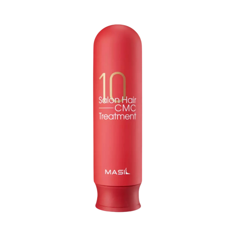 Rød flaske med teksten "10 Salon Hair CMC Treatment" og "MASIL" nederst.