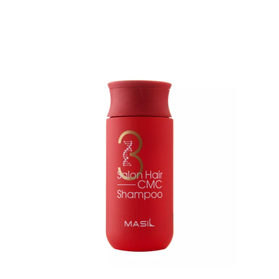 Rød flaske med guld og hvid tekst, "Masil 3 Salon Hair CMC Shampoo" på forsiden.