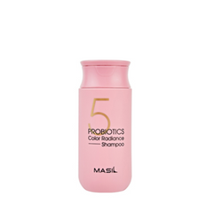Lyserød shampoo flaske med teksten "5 Probiotics Color Radiance Shampoo" og "MASIL".