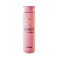 Lyserød flaske med teksten "5 Probiotics Color Radiance Shampoo" og mærket "Masil."