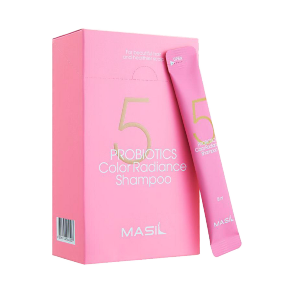 Pink æske og pose med teksten "5 Probiotics Color Radiance Shampoo" og "Masil" i hvid skrift.