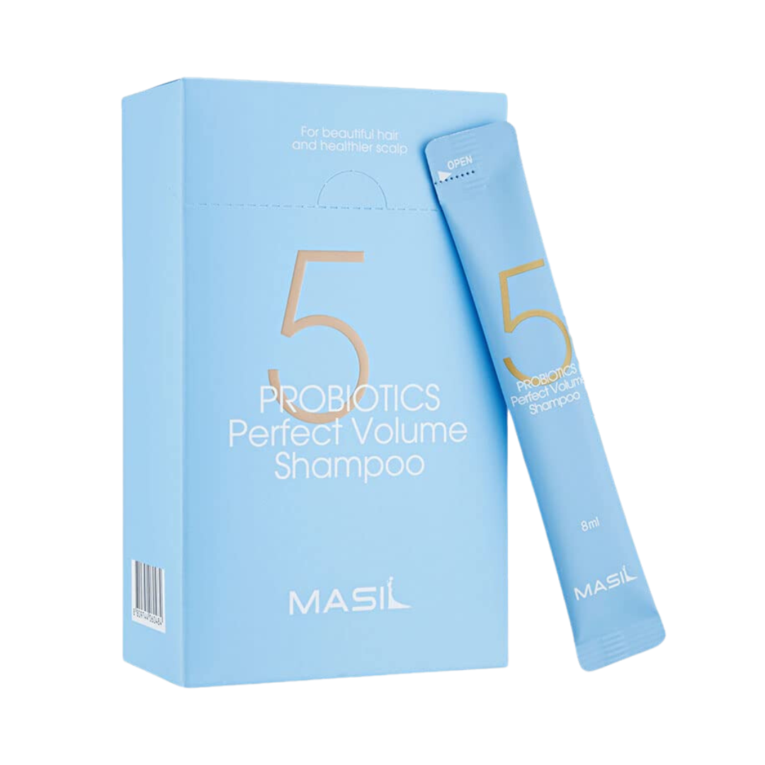 Blå æske og pose med "5 Probiotics Perfect Volume Shampoo" fra Masil.