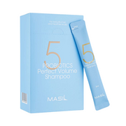 Blå æske og pose med "5 Probiotics Perfect Volume Shampoo" fra Masil.