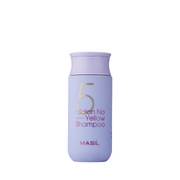 Lilla flaske med guld "5" og teksten "Salon No Yellow Shampoo" fra Masil.
