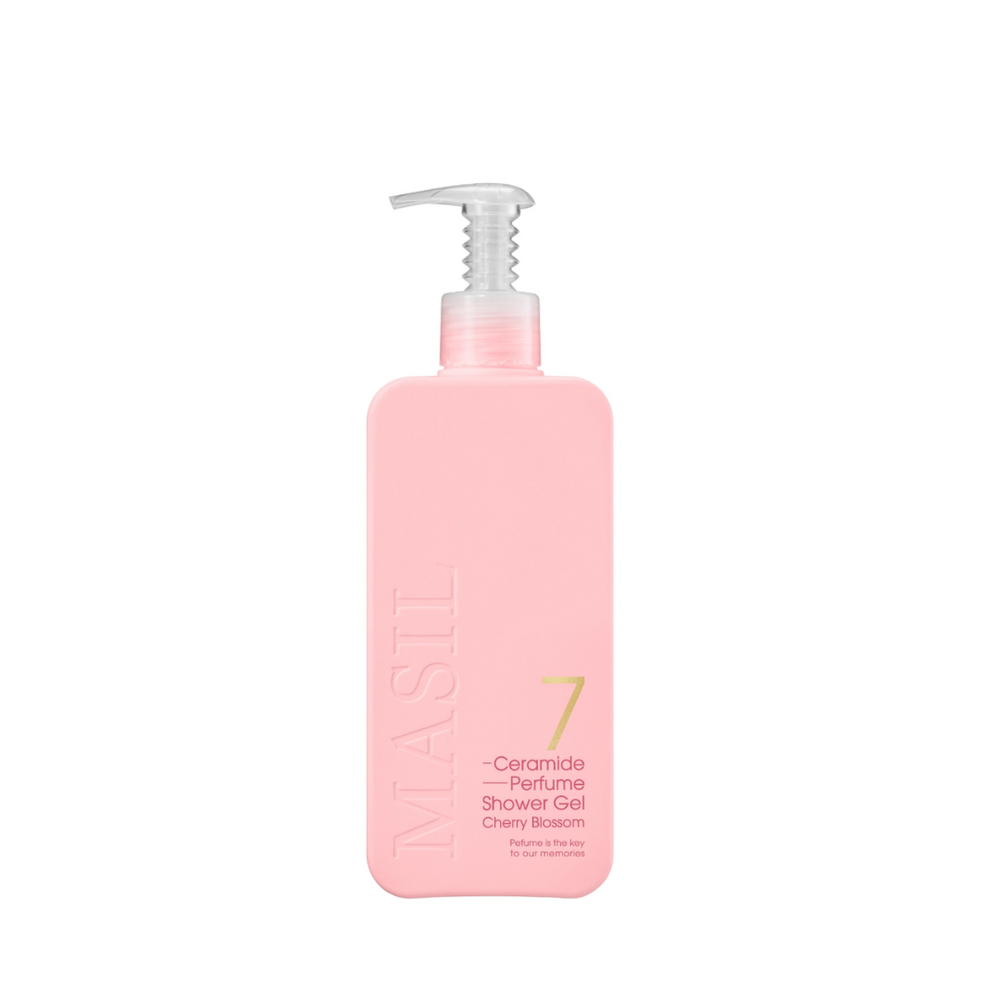 Lyserød flaske med pumpe, Masil 7 Ceramide Perfume Shower Gel, Cherry Blossom, 300 ml.