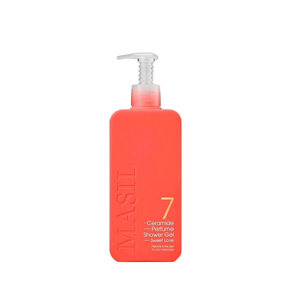 Rød flaske med pumpe, Masil 7 Ceramide Perfume Shower Gel, Sweet Love, 300 ml. Minimalistisk design.