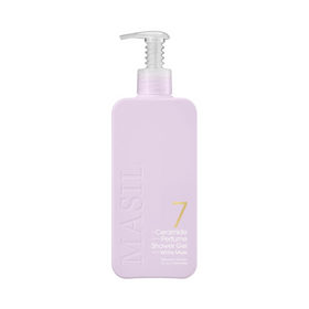 Lilla flaske med pumpe, mærket "MASIL 7 Ceramide Perfume Shower Gel" og "White Musk."