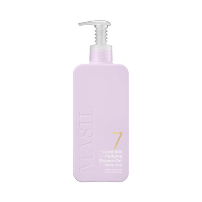 Lilla flaske med pumpe, mærket "MASIL 7 Ceramide Perfume Shower Gel" og "White Musk."