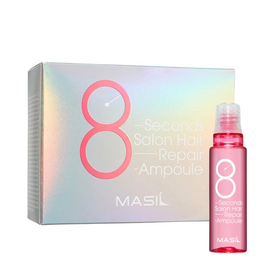 Holografisk æske og pink flaske af Masil 8 Seconds Salon Hair Repair Ampoule med produkttekst.