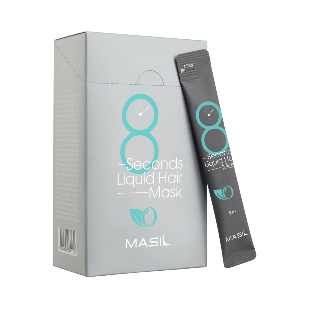Grå æske og pose af Masil 8 Seconds Liquid Hair Mask med turkis detaljer og logo.