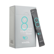Grå æske og pose af Masil 8 Seconds Liquid Hair Mask med turkis detaljer og logo.