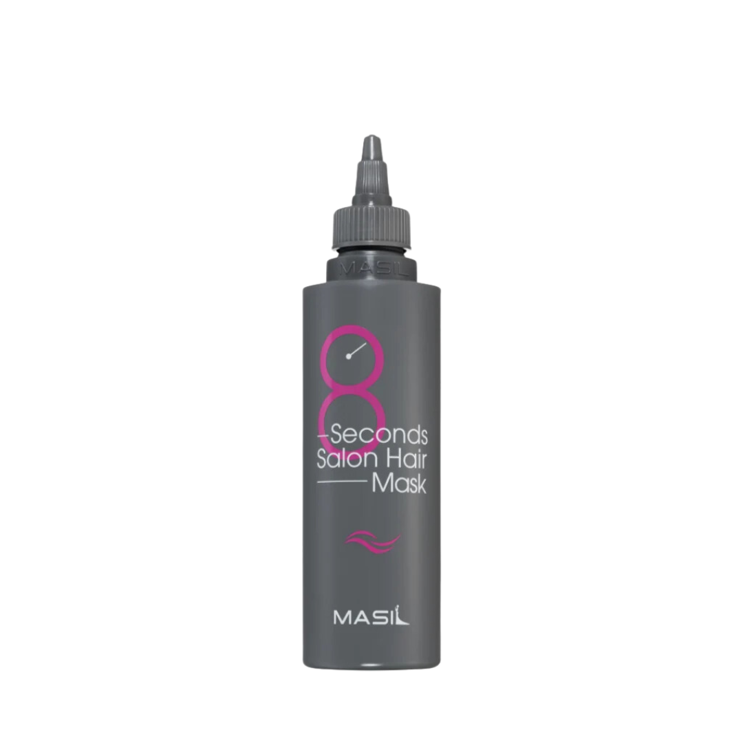 Mørkegrå flaske med spids hætte, teksten "8 Seconds Salon Hair Mask" og mærket "MASIL".