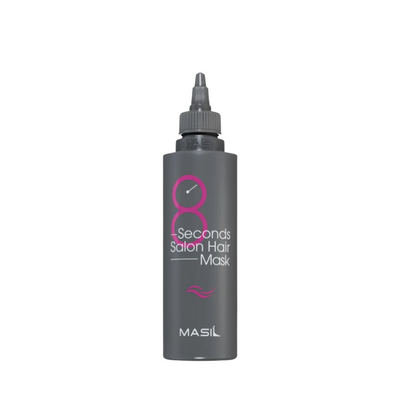 Mørkegrå flaske med spids hætte, teksten "8 Seconds Salon Hair Mask" og mærket "MASIL".