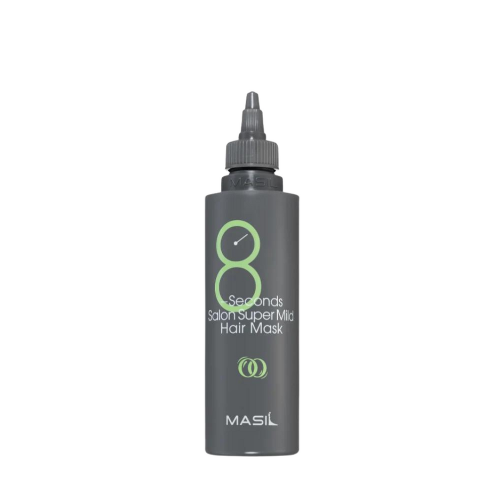 Mørkegrå flaske med spids hætte, mærket "8 Seconds Salon Super Mild Hair Mask" og "MASIL".