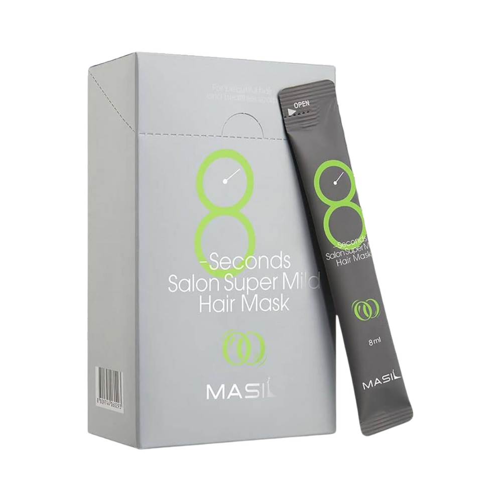 Grå æske med grøn tekst, "8 Seconds Salon Super Mild Hair Mask", og en matchende pose ved siden af.