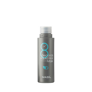 Grå flaske med blå/hvid tekst "8 Seconds Liquid Hair Mask" og "MASIL," gennemsigtig hætte.