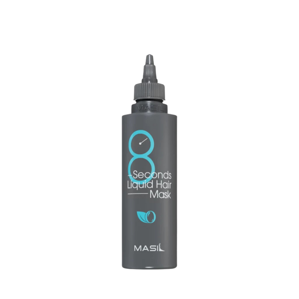Mørkegrå flaske med spids hætte, turkis "8" og hvid tekst: "Seconds Liquid Hair Mask," "MASIL."
