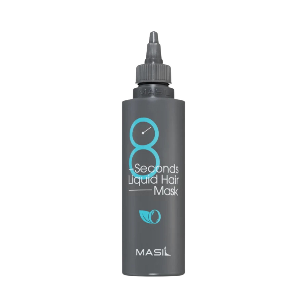 Grå flaske med spids låg, tekst: "8 Seconds Liquid Hair Mask", bladikon, MASIL-branding.