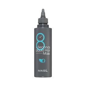 Grå flaske med spids låg, tekst: "8 Seconds Liquid Hair Mask", bladikon, MASIL-branding.