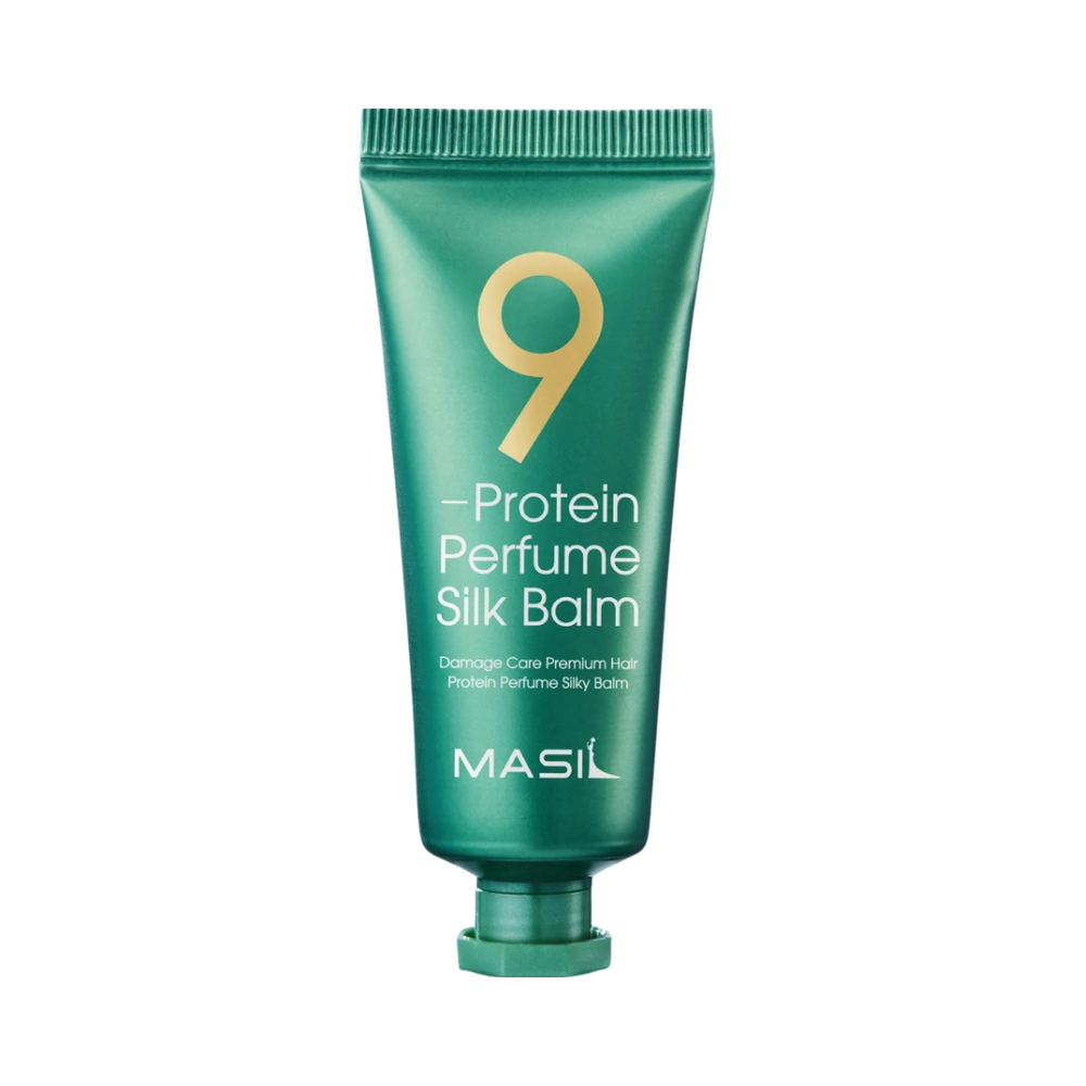 Grøn tube med teksten "9 Protein Perfume Silk Balm" og "Masil" branding.