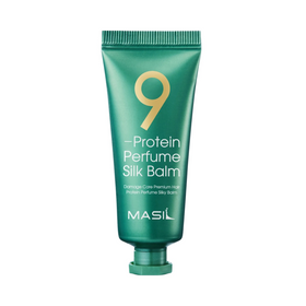 Grøn tube med teksten "9 Protein Perfume Silk Balm" og "Masil" branding.