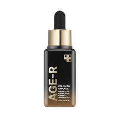 Sort flaske med guldhætte, teksten "AGE-R Vita C Pro Ampoule", 20 ml, vitaminer angivet.