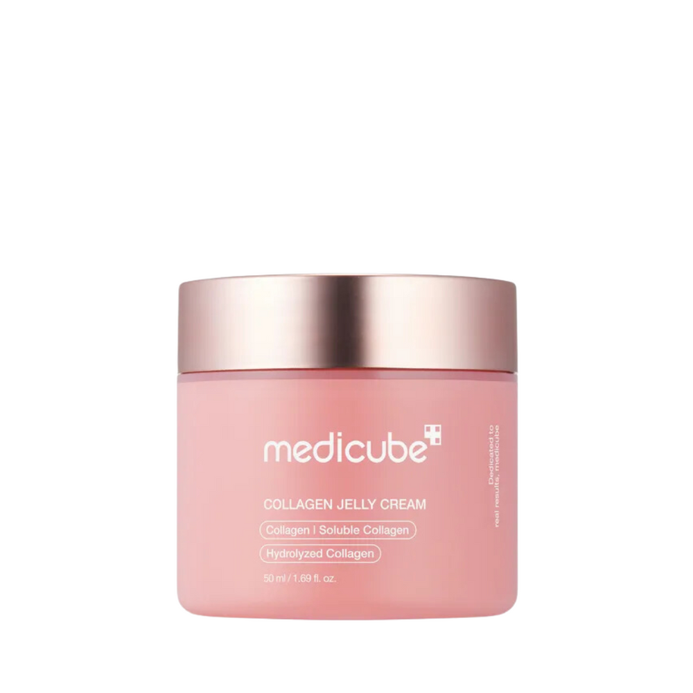 Lyserød krukke med roseguld låg, mærket "medicube Collagen Jelly Cream", 50 ml.